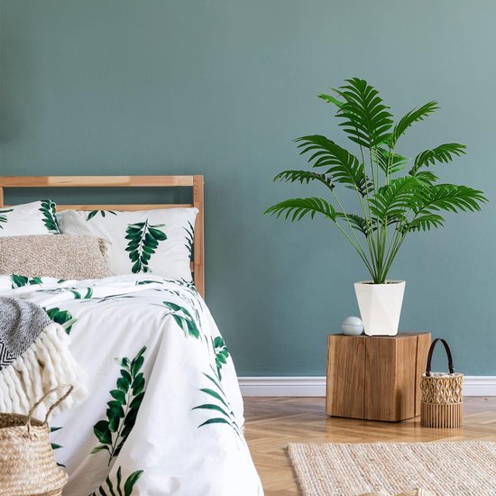 Set van 2 kunstareca palmplanten in potten, 85 cm kunstplanten, tropische palmen met groene bladeren en stammen, kunstpalm met potten voor thuis, kantoordecoratie