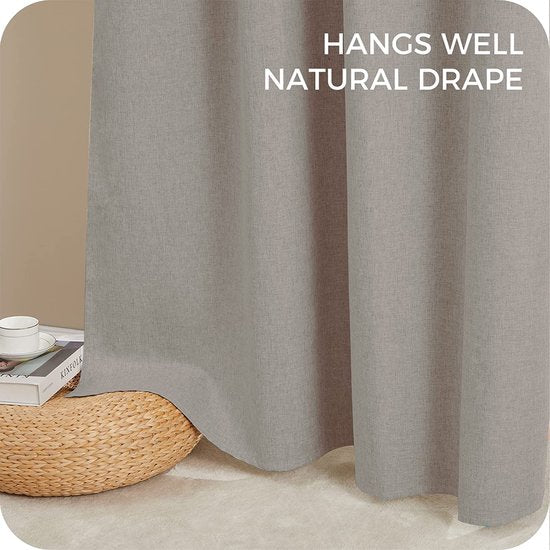 Set van 2 verduisteringsgordijnen, ondoorzichtige gordijnen met ringen, beige, 145 x 132 cm (h x b), thermogordijn, linnen, kort, voor woonkamer, kinderkamer, slaapkamer, set van 2
