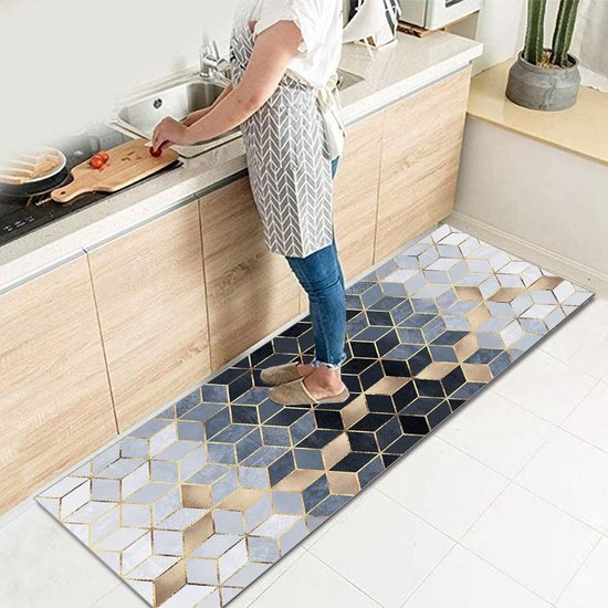 Tapijtloper voor gang, keuken, 40 x 120 cm, modern, antislip, wasbaar, permanente keukenloper, gangloper, lang polyester, wit, blauw, zwart, tapijtloper voor gang, slaapkamer, binnen en