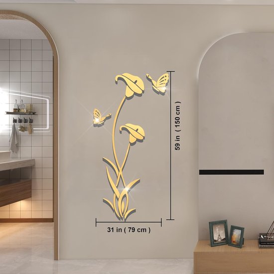 Muurtattoo bloem 3D DIY spiegel muursticker voor woonkamer muursticker voor slaapkamer wanddecoratie voor bank achtergrond TV muur achtergrond (59 x 31 inch, goud)