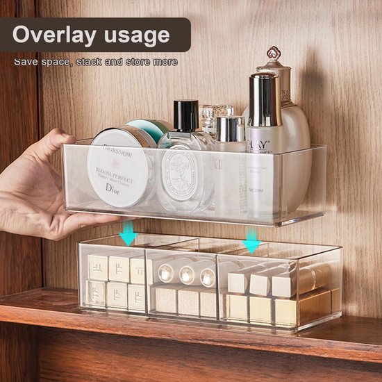 Cosmetische organizer, make-up-opbergdoos, cosmeticakwast, doorzichtige make-upkwastenhouder met 3 vakken, make-upbox voor eyeliners, kwast, lippenstift, make-uptafel, accessoires, opslag, 1 stuk