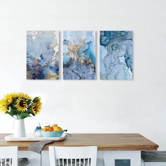 Muurschilderingen voor de woonkamer, abstracte moderne canvasfoto's, in blauw en wit, kunstdrukken, wanddecoratie, waterbestendig schilderij voor de slaapkamer, keuken, eetkamer en kantoor.