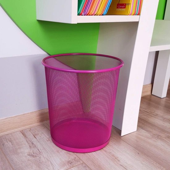 Prullenbak voor kantoor, 12 liter, afvalemmer, prullenbak van draadvlechtwerk, prullenbak, metalen bureauemmer mesh, rond, roze