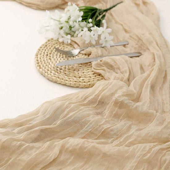 Kaasdoek, tafelloper, beige, boho, gaas-stof, tafelloper, rustiek bruiloft, tafelkleed, 30 cm lang, loper voor bruiloft, bruid, babyshower, verjaardagsfeest, taartdecoratie, 90 x 300 cm