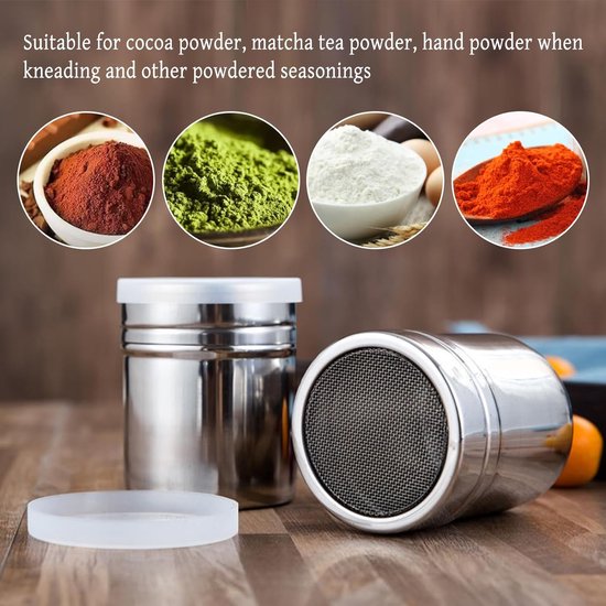 RVS poederstrooier, 2 stuks chocoladestrooier, cacaostrooier voor cappuccino, poedersuikerstrooier, poedersuikerstrooier, poedersuikermolen, cacaostrooier, schudbeker met deksel, meelstrooier, meelzeef