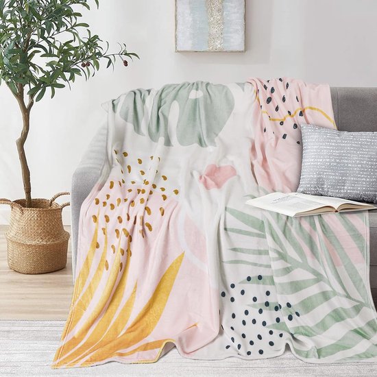 Deken, 127 x 152 cm, superzachte en warme flanellen fleece deken, Boheemse kreukbestendige winterdeken, bankdeken voor bank, bed, slaapkamer, woonkamer, kantoor - bladeren