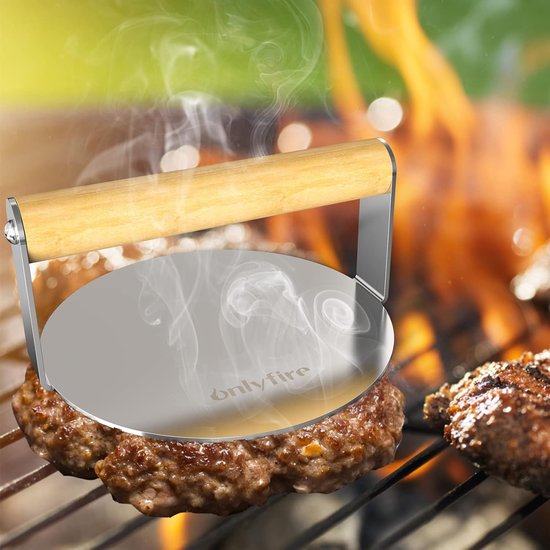 Roestvrijstalen grillbestek, 4-delige grillkoffer, set met ronde hamburgerpers, grillspatel, 2 hamburgerkoekjes, barbecue-accessoires voor heerlijke hamburgers, patties, spek, steak, voor buiten en binnen.