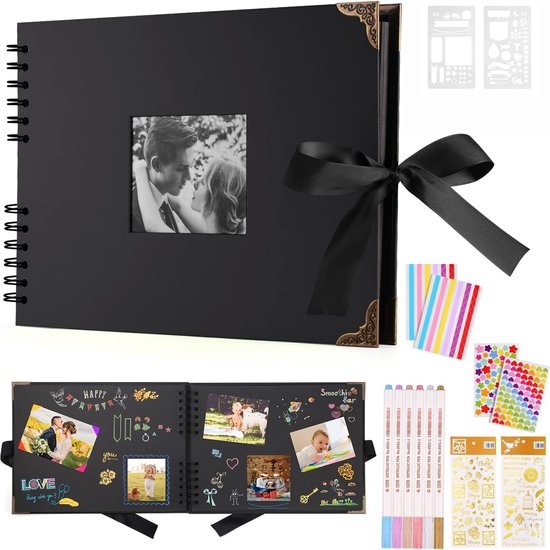 Fotoalbum, 80 pagina's, zwart, scrapbooking-album, 29,5 x 21 cm, met 6 metalen stiften, voor 160 foto's, gastenboek voor verjaardag en bruiloft (zwart)