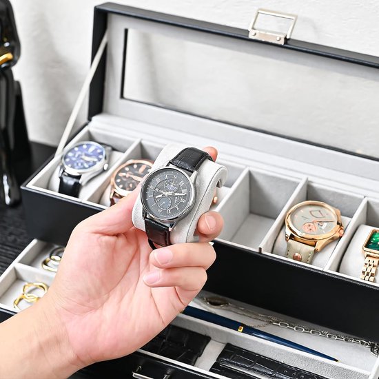 Horlogedoos met 6 vakken, horlogedoos met glazen deksel, 2 niveaus, horlogekoffer met uitneembaar horlogekussen, horlogedoos voor sieraden, ringen, armbanden en halskettingen, zwart