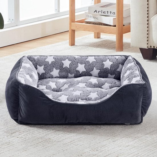 Hondenbed voor middelgrote honden, 63 x 53 cm, wollig, anti-angst, hondenbedden met hoofdruimte, comfortabel, rustgevende hondenmand, middelgrote honden, voor winter, grijs/sterren