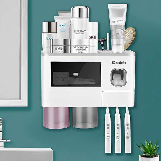 Ruimtebesparende badkamerwandtandpastadispenser en tandenborstelhouder met 2 magnetische kopjes, 6 tandenborstelgleuven en 1 cosmetische organizerlade in grijs