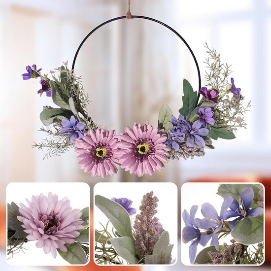 Deurkrans, krans, decoratie, kunstbloemen, gerbera, krans, slinger, welkom, slinger, lente, wandkrans, metalen decoratie, ringen, lentedecoratie voor Pasen, bruiloft, woonkamer, bruiloft