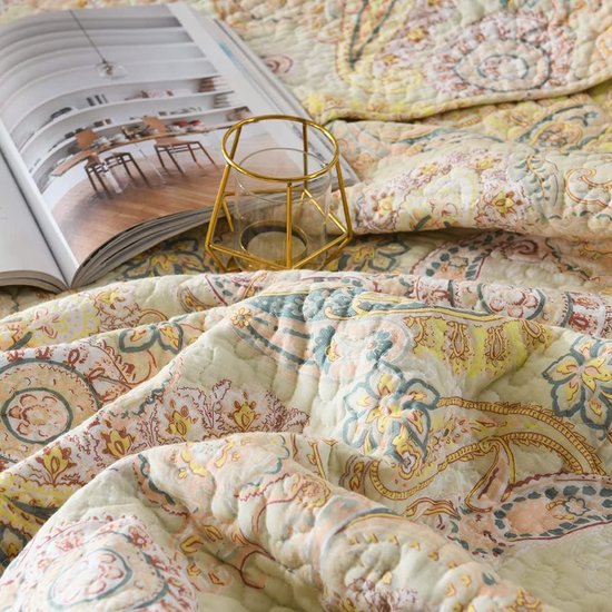 sprei van katoen 220x240cm, sprei 230x250 voor tweepersoonsbed met geel paisley bloemenpatroon, all-season deken, banksprei, gewatteerde deken met 2 kussenslopen