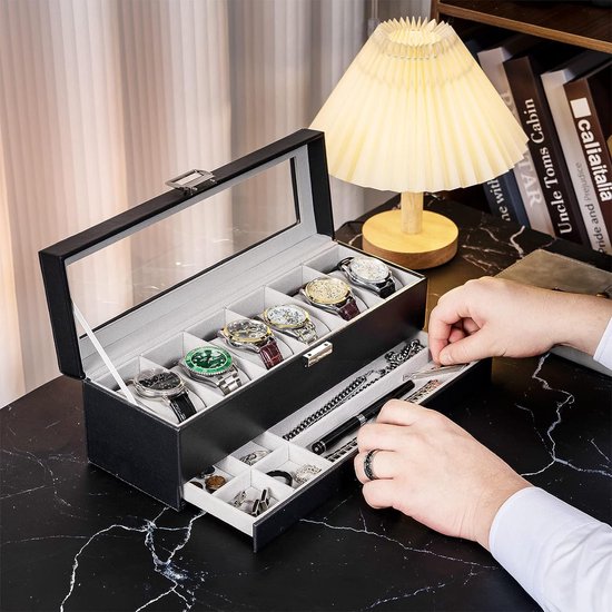 Horlogedoos met 6 vakken, horlogedoos met glazen deksel, 2 niveaus, horlogekoffer met uitneembaar horlogekussen, horlogedoos voor sieraden, ringen, armbanden en halskettingen, zwart