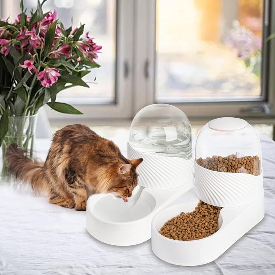 2-pack automatische kattenvoer en waterdispenser, 2 liter zwaartekrachtvoer en bewateringsset, gemakkelijk schoon te maken, wit
