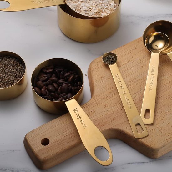 Maatbeker en maatlepel, 8 stuks, roestvrijstalen handgreep met metrische en Amerikaanse maten, goudkleurig gepolijst oppervlak, cup maatbeker voor droge en vloeibare ingrediënten, voor bakken en koken (goud)