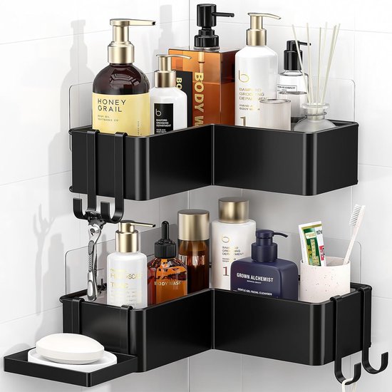 Doucheplank, zonder boren, roestvrij, zelfklevend, badkamerorganizer, hoek, doucheplank met 4 haken en zeephouder, duurzame shampoohouder voor douche van roestvrij staal, 2 stuks