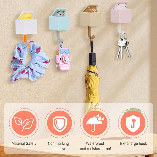 4 stuks waterdichte dierenhaken, zelfklevende handdoekhaken, kinderkledinghaken, handdoekhaken, waterdichte haak voor handdoek, sleutels, tassen, hoeden