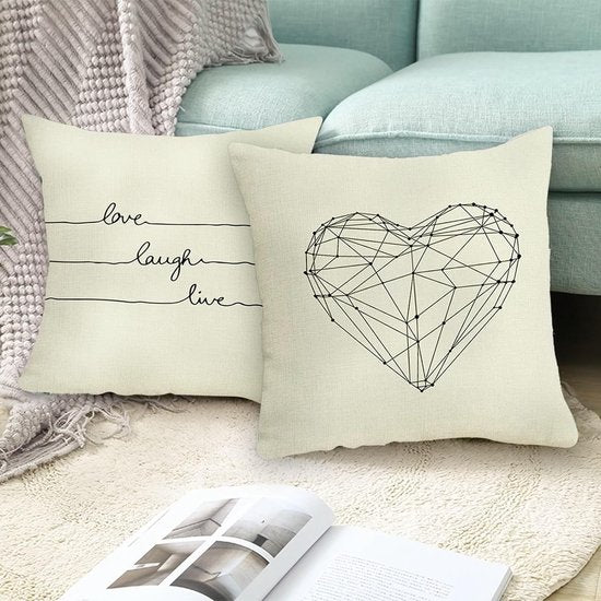 Kussenslopen 4 stuks 40x40 linnen mix kussensloop hart bankkussenovertrek set "Love Laugh Live" kussenhoezen crème decoratief kussen