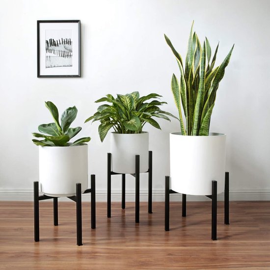 Plantenstandaard, bloemenstandaard van zwart metaal, verstelbaar, multifunctionele kunst van ijzer, plantenrek voor woonkamer, balkon, instelbare breedte 21 cm tot 38 cm (set van 3 stuks) (zwart-1)