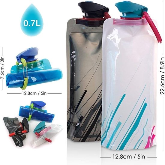 700 ml opvouwbare waterflessenset, uniseks, volwassenen, opvouwbare waterflessen, set van 3 flexibele inklapbare herbruikbare waterflessen, drinkzakken voor wandelen, avontuur (3 stuks)