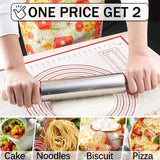 Deegroller van roestvrij staal, 43 cm grote deegroller met houten handgrepen + bakmat, siliconen met afmetingen, anti-aanbak, bakaccessoires voor bakken, fondant, pizza, cake, pasta en