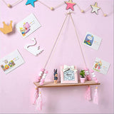 Zwevende plank, hangend houten rek, boho-schommel, touw, zwevende houten planken met haken, voor woonkamer, slaapkamer, wanddecoratie, roze