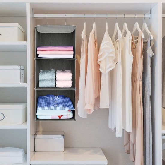 Hangende organizer met 3 vakken, kledingkast, opvouwbaar hangrek, hangorganizer van stof, hangende stoffen kast met ijzeren frame, opbergsysteem voor kleding - grijs