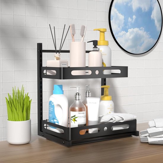 Metalen keukenrek, 2-traps kruidenrek, onder wastafel rek, uittrekbaar badkamer spoelkast organizer, in hoogte verstelbaar keukenkast staand rek