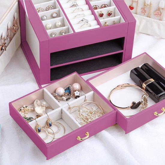Sieradendoos Afsluitbaar Leren Sieradendoos met Spiegel Sieradendoos Reissieradendoos Sieradendoos Damescompartiment voor kettingen Horloges Ringen Armbanden Oorbellen (roze)