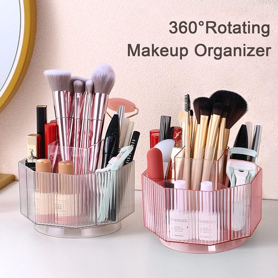 360° roterende make-upkwastenhouder, cosmetische vitrine, transparante make-up, lipgloss, organizer, case met 5 sleuven, rond draaiplateau voor ijdelheid, badkamer, helder roze