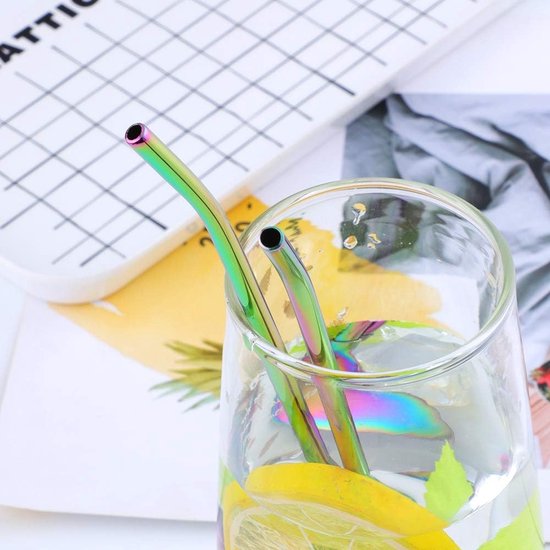 8 stuks herbruikbare roestvrijstalen rietjeslepels met 2 reinigingsborstels, rietlepels regenboog, cocktail, latte, macchiato-lepel, dun en lange steel, 21,5 cm, voor langdrink ijskoffie