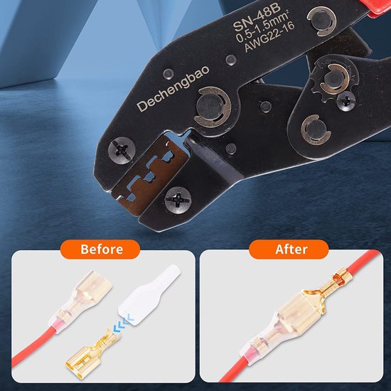 Kabelaansluiting-krimpgereedschapsset, draadcrimper AWG 22-16 (0,5-1,5 mm²) met 600 stuks plaatconnectoren en ronde connectoren