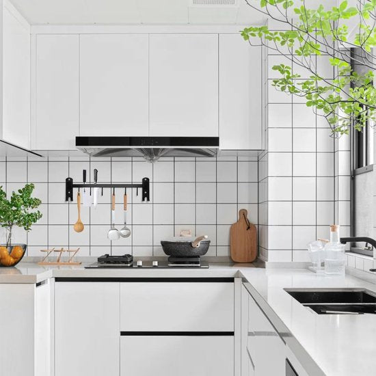 40 cm keukenhouder met 6 afneembare haken, aluminium messenhouder en potdekselhouder - keukenhulplijst - zwart