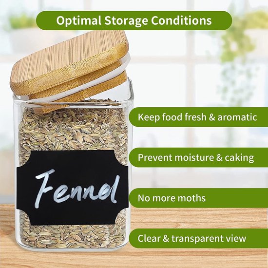 Voorraaddozen van glas, set van 10, 220 ml, kruidenpotjes, rechthoekig, houten deksel, voorraadpotten, glazen potten met deksel, klein, stapelbare opbergpotten, keuken voor specerijen, thee, suiker