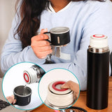 Zwarte thermosfles van roestvrij staal met deksel en 2 bekers - 500 ml dubbelwandige thermoskan met beker - lekvrije thermosfles voor warme en koude dranken