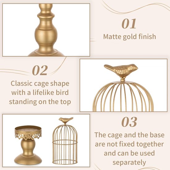Vintage ontwerpen: the matte gouden oppervlak, de klassieke vorm van een metalen draadkooi en een kleine vogel aan de punt maken deze kooikaarsenhouder