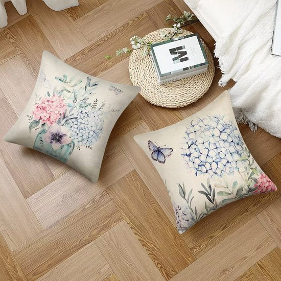 Outdoor kussensloop, waterdichte kussenslopen, 40 x 40 cm, bloemen kussenslopen, lente, vlinder, blauw, bloemen, kussensloop, patio, tuin, zomer, kussensloop, linnen, decoratief kussen, woondecoratie voor 4 stuks