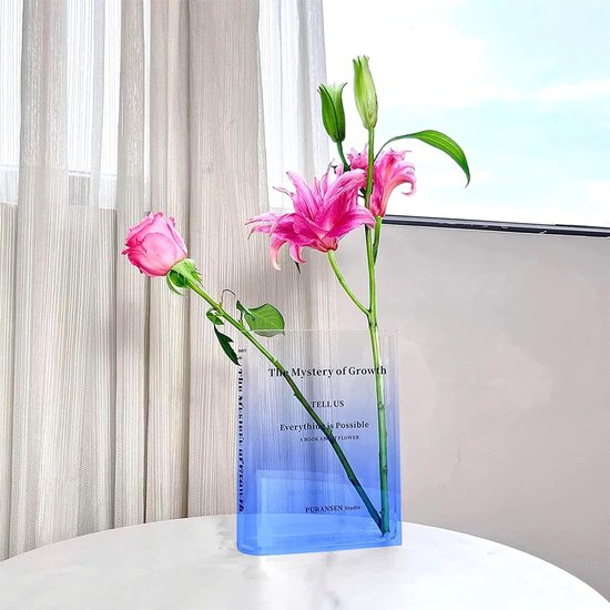 Boekvaas, acryl boekenvaas, tulpenvaas, decoratieve vaas, boekdecoratie, voor bloemstukken, middenstukken en woondecoratie (kleurverloop blauw)