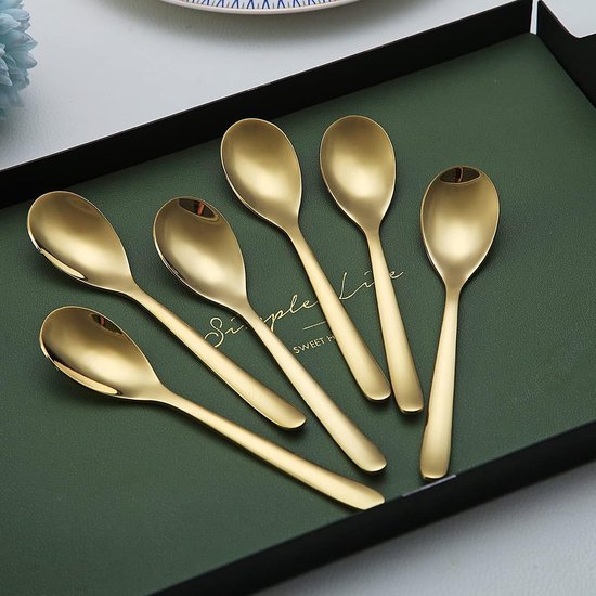 Gouden koffielepels, 6 stuks, roestvrij staal, titanium coating, vergulde theelepels, espressolepel, dessertlepel, theelepel, kleine mini-lepelset voor feestjes, vaatwasmachinebestendig