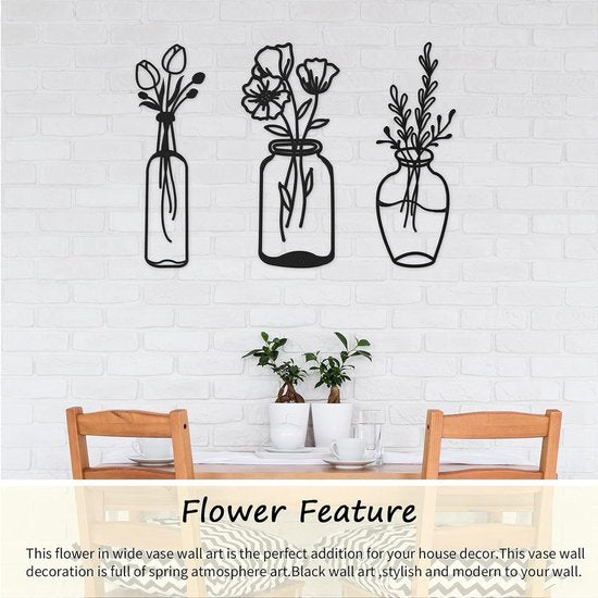 Set van 3 metalen bloem wanddecoratie minimalistische vaas kunst aan de muur zwarte tulp draad ijzer decor bloemen wandsculptuur voor keuken badkamer woonkamer (elegant, liefde, eeuwigheid)