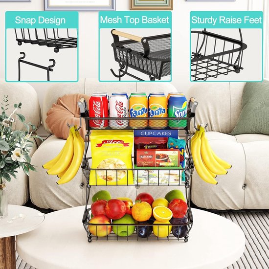 3-laags fruitmand met 2 bananenhangers voor keukenaanrecht, groenteaanrecht, opberghouder, grote capaciteit, metaaldraad, fruitstandaard, organisator, uiensnack, zwart