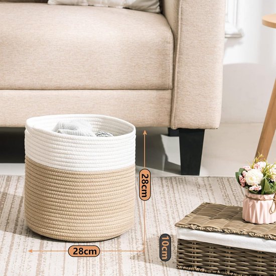 Gevlochten mand, gemaakt van katoen, voor het opbergen van speelgoed in de kinderkamer, opbergmand, decoratieve pot, mand voor de woonkamer, slaapkamer, 28 (D) x 28 (H) cm, natuurlijk.