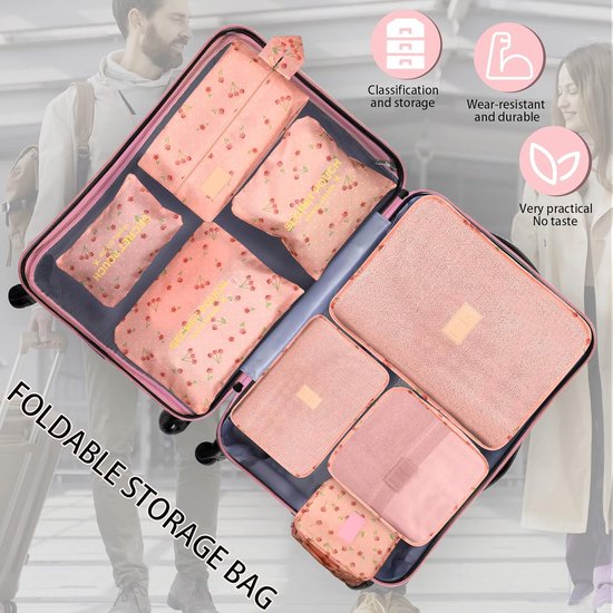 Packing Cubes Kofferorganizer, 8 stuks, kofferorganizer, pakzakken, pakzakken met schoenenzak, waszak, reisorganizer, kledingtassen voor rugzak (roze)