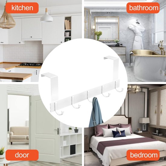 Deurkapstok met 5 haken, kapstokken voor deur zonder boren, deurhaken voor keuken, badkamer, woonkamer en hal (wit)