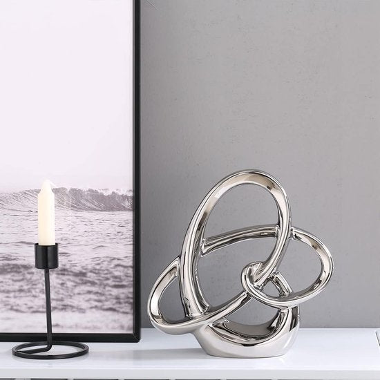Modern zilver decor keramiek beeld - abstract huisaccent en tafelbeeldje voor woonkamer, slaapkamer, badkamer, kantoor, plank, schoorsteenmantel - bruiloft, eetkamerdecoratie