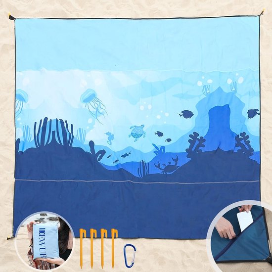 Stranddeken, zandvrij XXL-strandlaken, waterdichte strandmat, picknickdeken, groot voor vakantie, strand, camping, reizen (300 x 290 cm, Sea World)