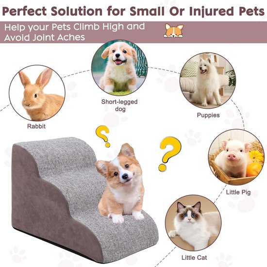 3 treden hondentrap voor kleine honden hondentrap voor bedbank 60cm hoge kattentrap voor oude katten spons huisdiertrap grijs