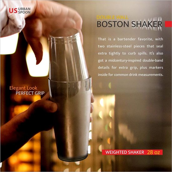 Dubbelwandig gewogen roestvrijstalen Boston Shaker - 28oz 2-delige Boston Shaker Set Drink Shaker/Drink Mixer (Zilver, Standaard)