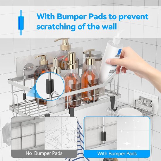 Doucheplank zonder boren, 3 stuks roestvrijstalen douchemand met 4 + 5 haken, grote capaciteit, doucherek voor badkamer, wasruimte, toilet, keuken, douche (zilver)